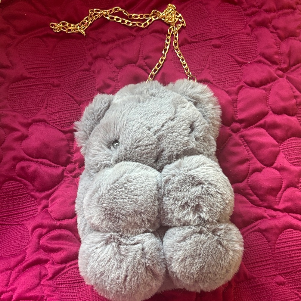 Gray Faux Fur Bear Purse with Gold Chain